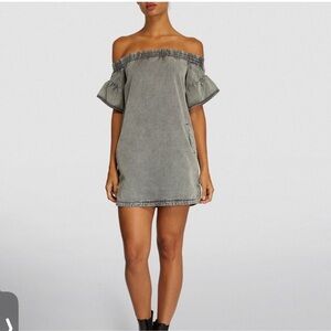 All Saints Adela Denim Off the Shoulder Mini Dress‎ with Pockets Size 12